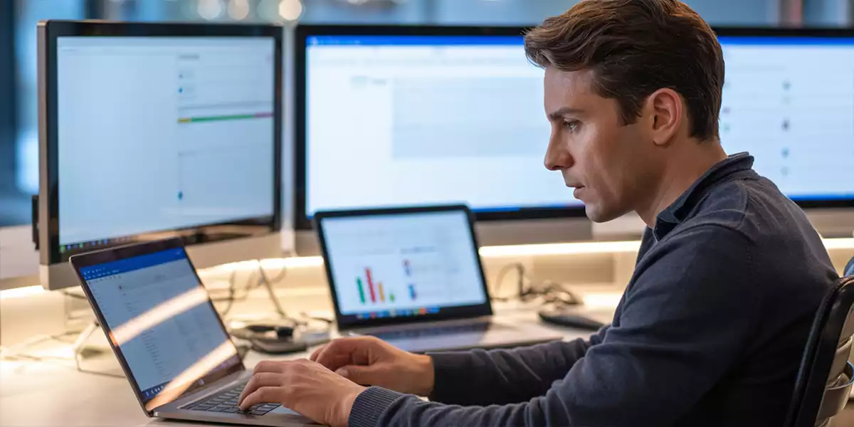 A person seated at a table using two or more computers at the same time
