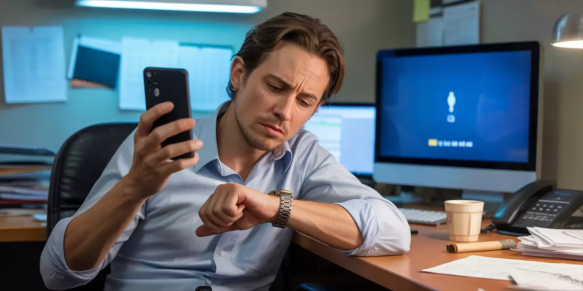 A-person-sitting-at-their-computer-or-holding-a-phone-while-looking-at-their-watch-in-frustration