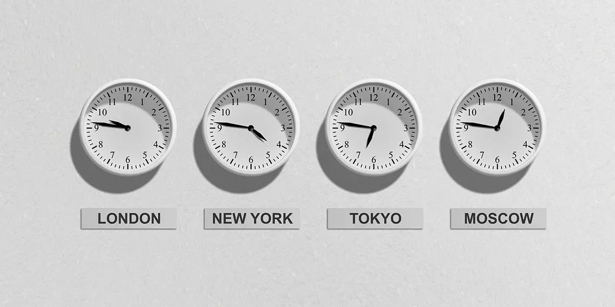 A-wall-featuring-clocks-showing-different-times