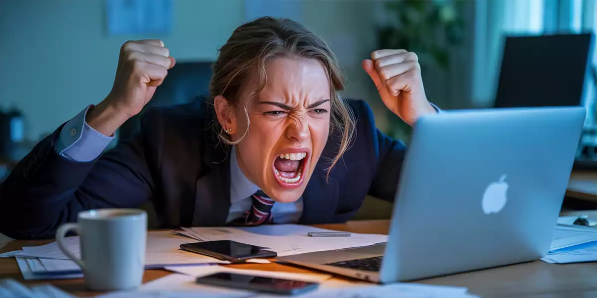 An enraged person shouting at their computer or phone.