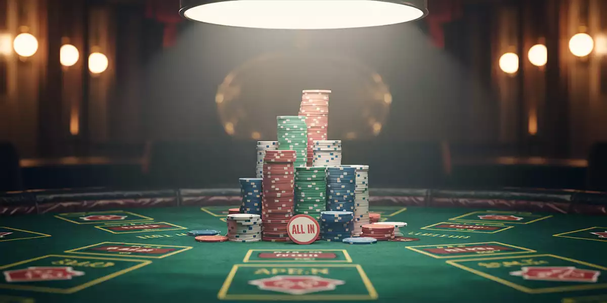 Close-up-of-a-poker-table-with-gambling-chips-stacked-on-it.