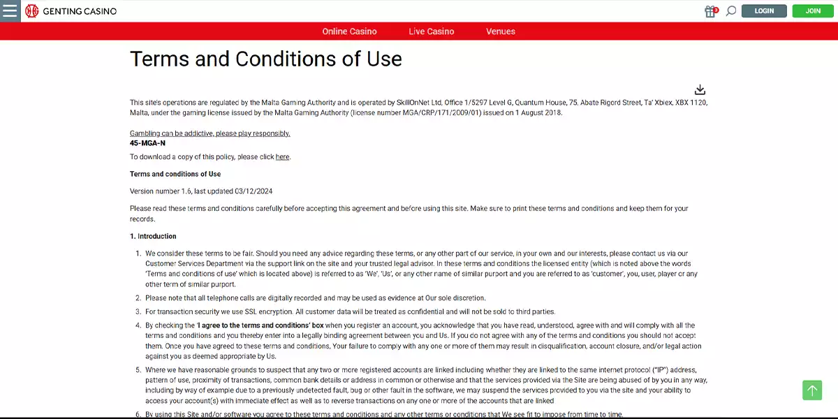 Screenshot of Genting’s ‘I agree to the terms and conditions’ box