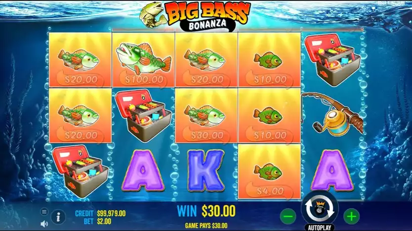 big bass bonanza game screen with many fish money symbols
