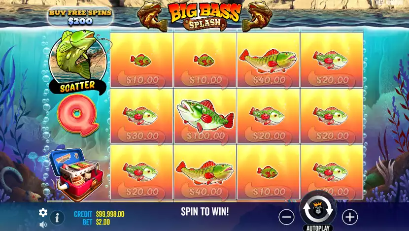 big bass splash game screen with many fish money symbols