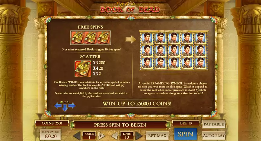 book of dead feature paytable