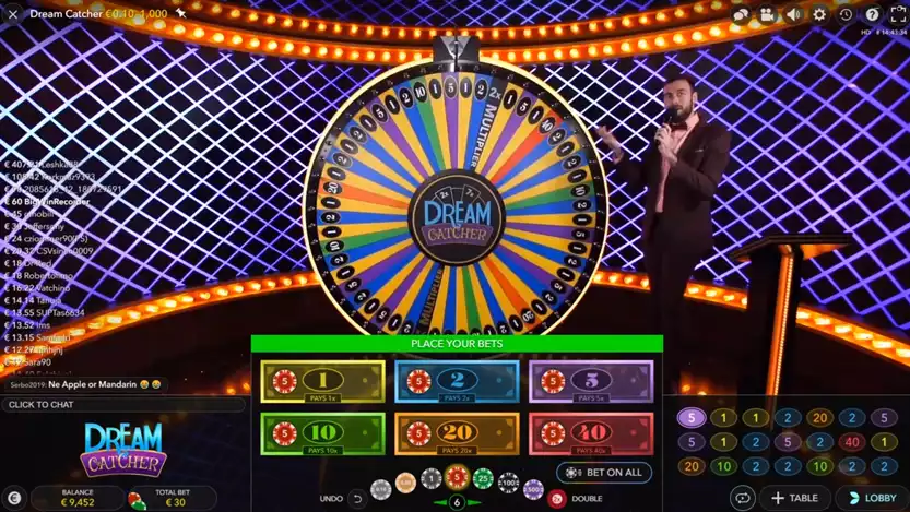dream catcher game screen with male host and betting options
