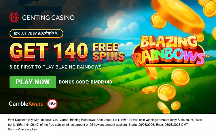 Get 140 Free Spins on New Exclusive Blazing Rainbow Slot