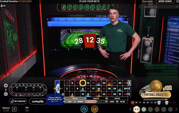 football roulette game screen with male host