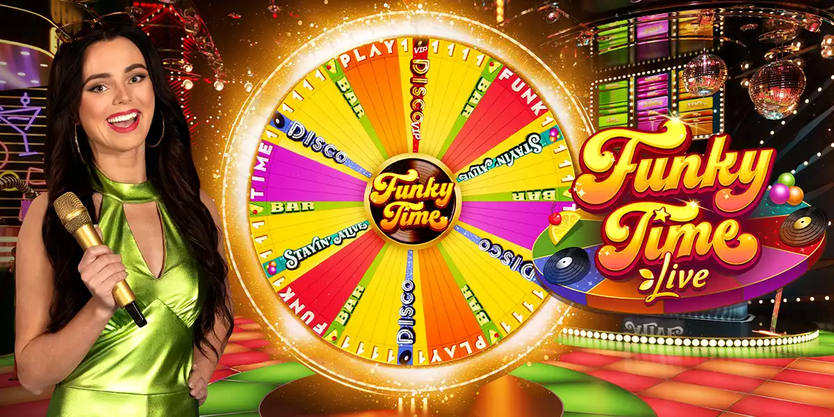 funky time banner with female host
