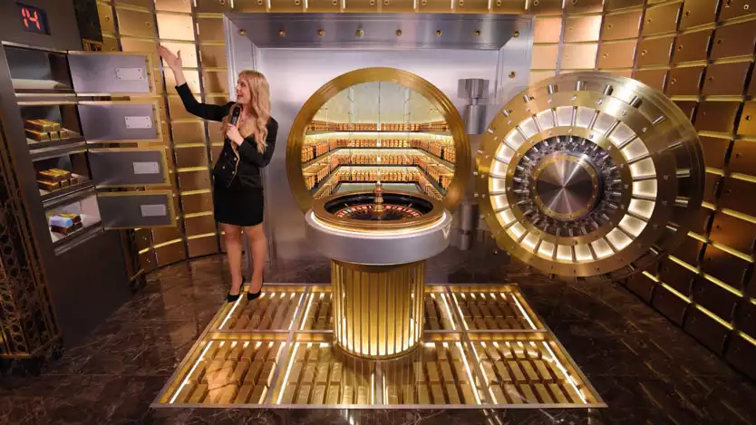 gold bar roulette live game screen with female host and vault