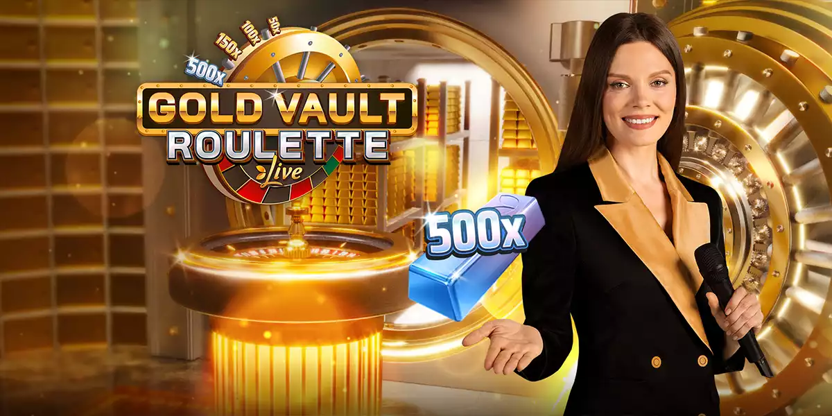 gold vault roulette banner with female host