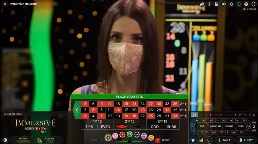 immersive roulette game screen with female host close up