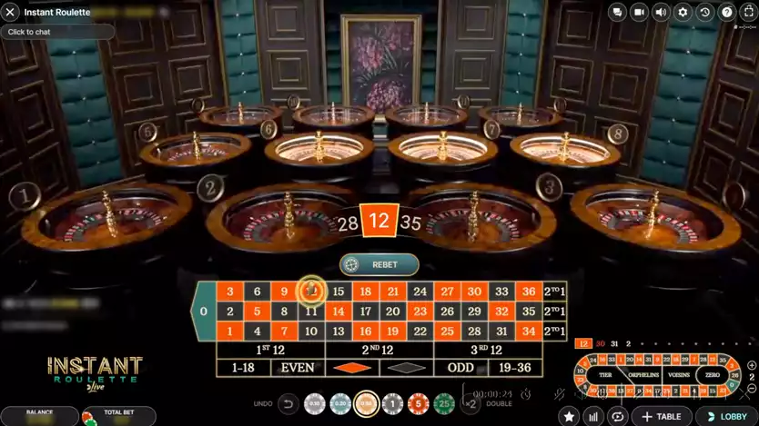 instant roulette game screen with roulette wheels shown and winning number shown