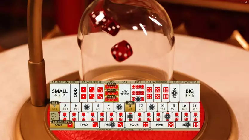  instant super sic bo game screen with dice in motion