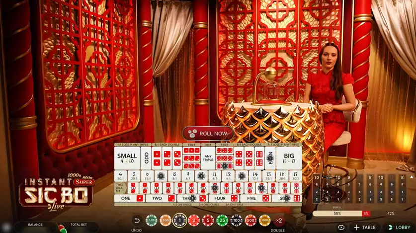 instant super sic bo game screen with female host