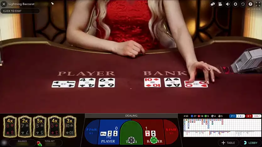 lightning baccarat game screen and dealer