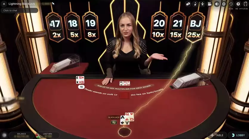 lightning blackjack game screen and dealer
