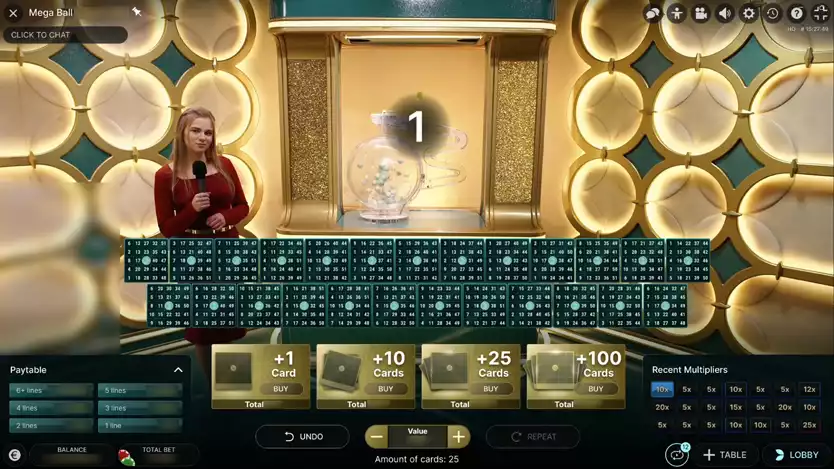 mega ball game screen with female host