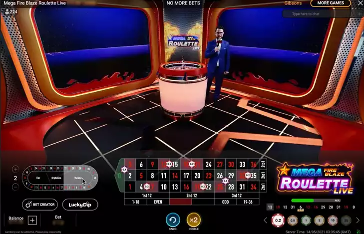 mega fire blaze roulette game screen with male host