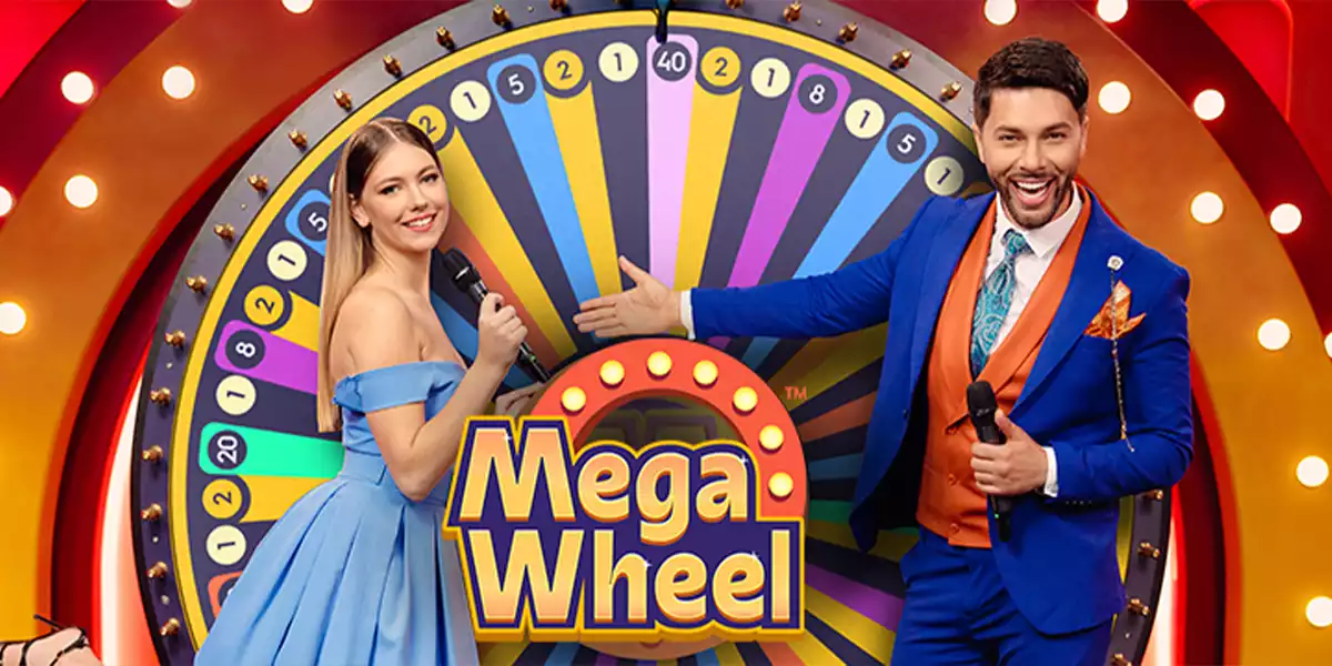 mega wheel banner with male and female host