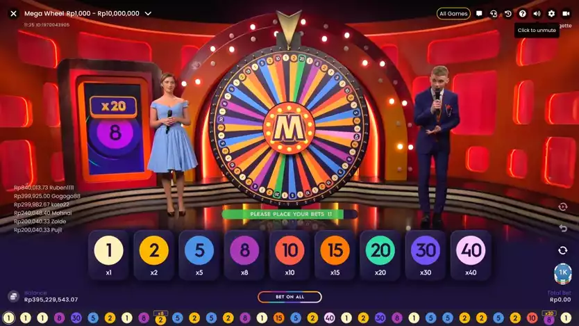 mega wheel game screen with male and female hosts