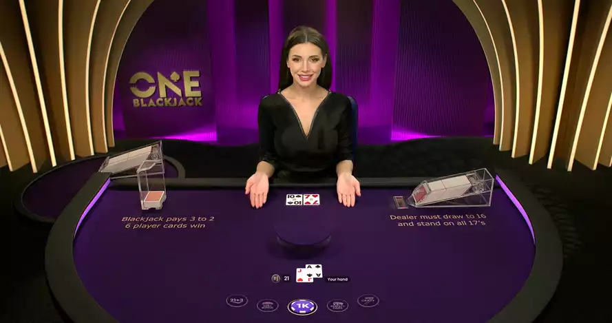 one blackjack game screen with female host