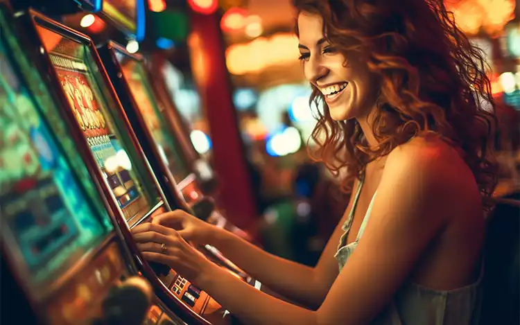 casino player playing a physical slot machine