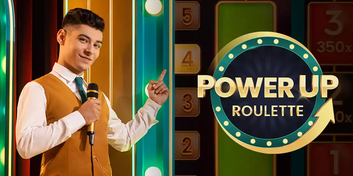 powerup roulette banner with male host