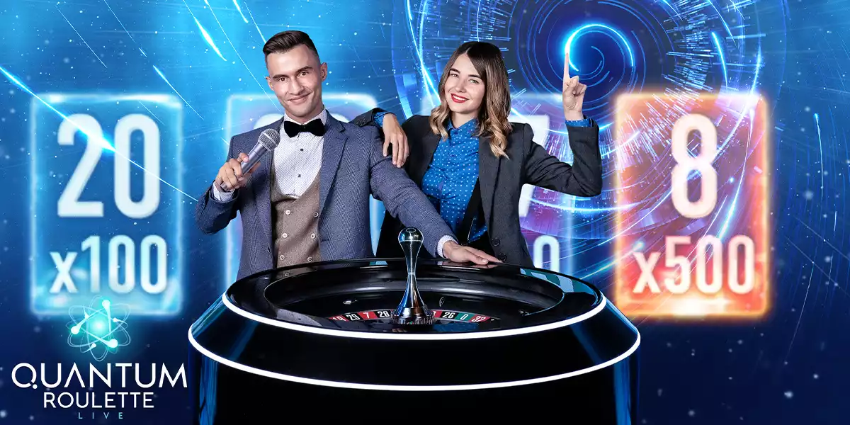 quantum roulette banner with male and female hosts