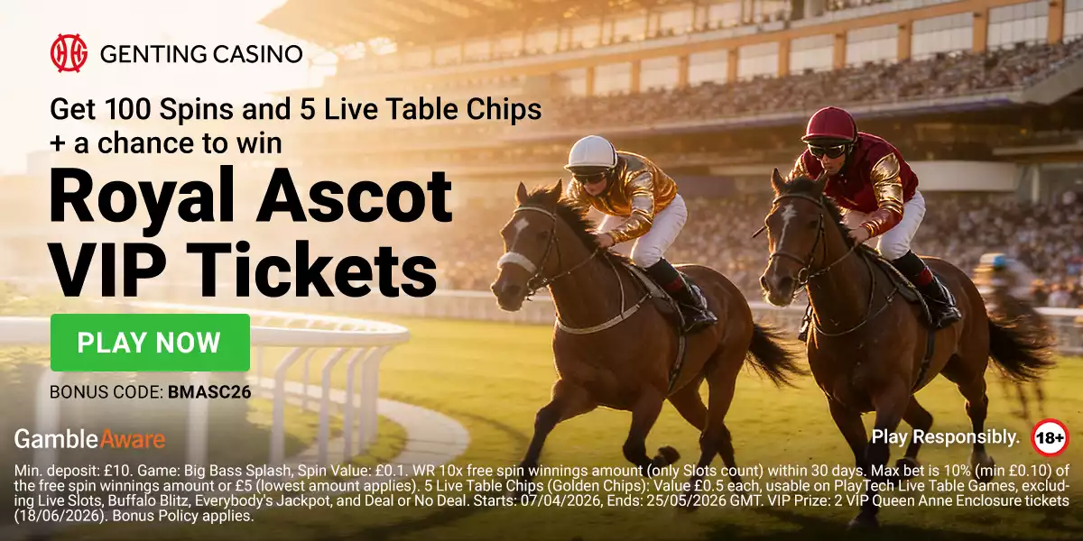 Get 100 Free Spins + 5 Live Table Chips and a Chance to Win VIP Tickets to Royal Ascot