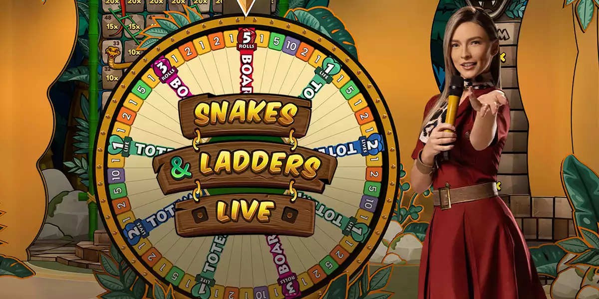 snakes and ladders live banner with female host