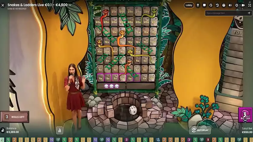snakes and ladders live gameplay with female host and wall