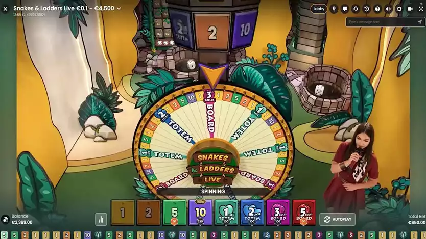 snakes and ladders live gameplay with female host and wheel