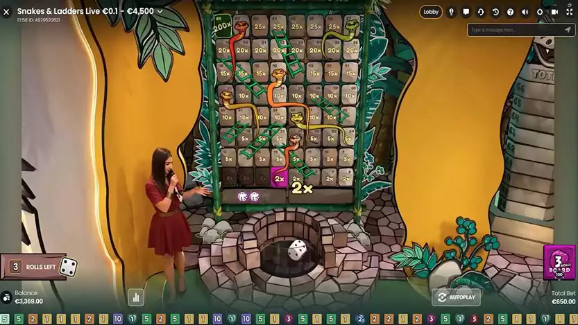 snakes and ladders live gameplay with female host and wall