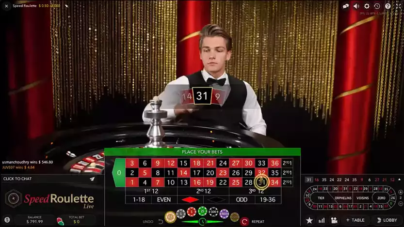 speed roulette game screen with male host