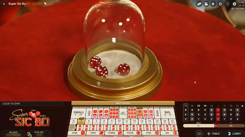 super sic bo live game screen with dice on table
