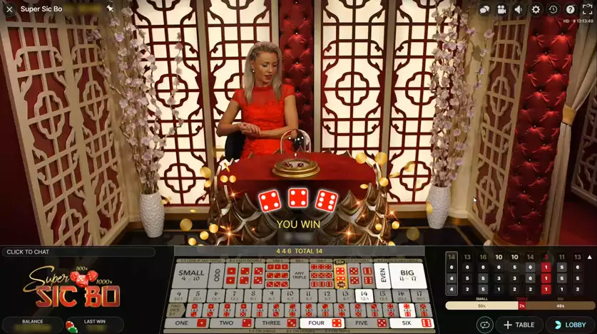 super sic bo live game screen with female host and round result