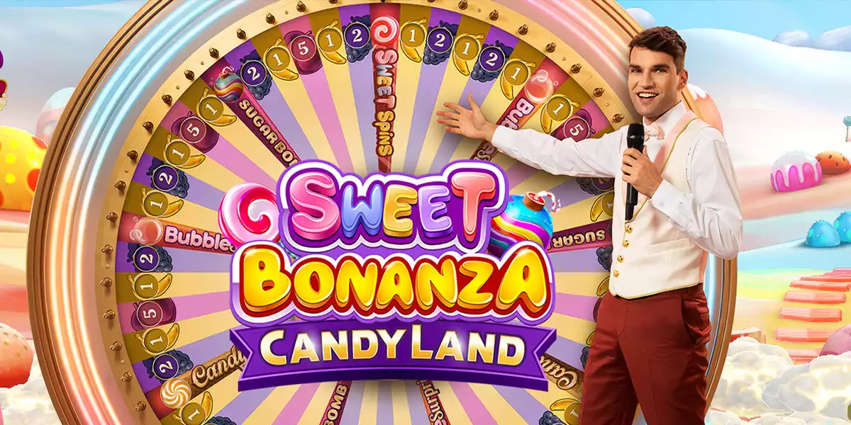 sweet bonanza candyland banner with male host