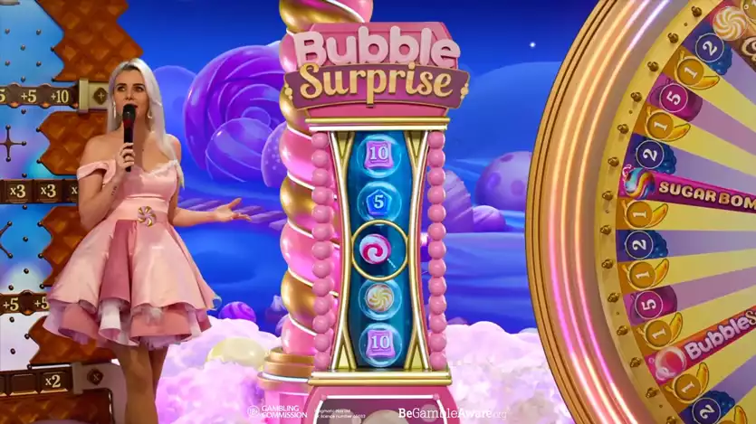  sweet bonanza candyland game screen with female host and bubble surprise bonus feature