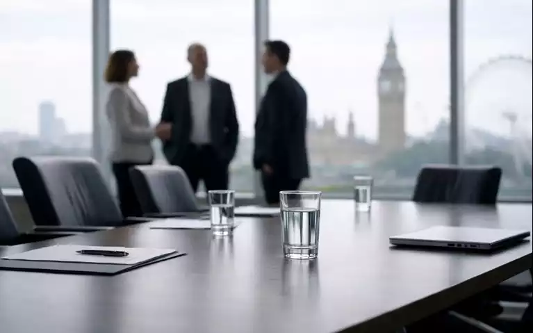 Abstract boardroom setting representing executive transition