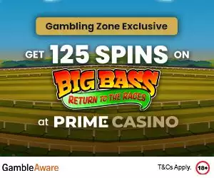 A banner advertising 125 Spins on Big Bass Day at the Races on Prime Casino