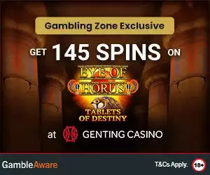 A banner advertising 145 Spins on Eye of Horus Tablets of Destiny on Genting Casino