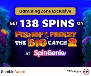 A banner advertising 138 Spins on Fishin Frenzy The Big Catch 2 at SpinGenie