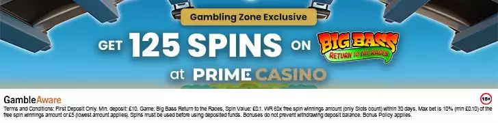 A banner advertising 125 Spins on Big Bass Day at the Races on Prime Casino