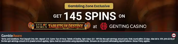A banner advertising 145 Spins on Eye of Horus Tablets of Destiny on Genting Casino