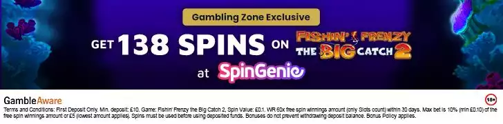 A banner advertising 138 Spins on Fishin Frenzy The Big Catch 2