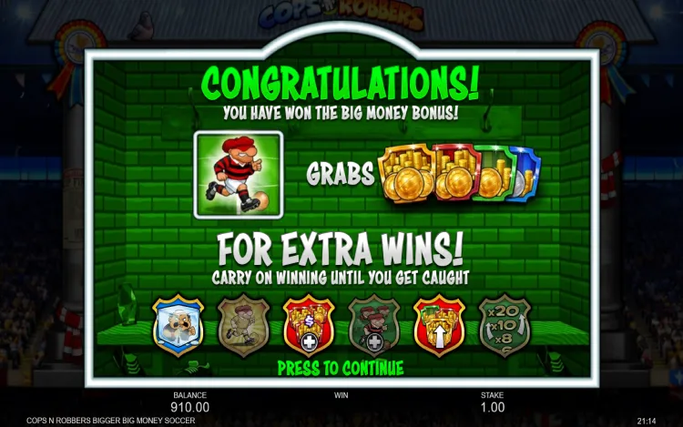 Cops ‘n’ Robbers Bigger Big Money Soccer - Big Money Bonus Feature