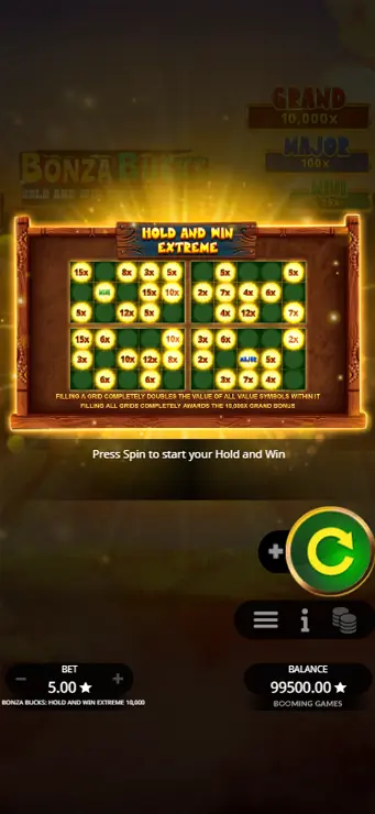 Bonza Bucks Hold and Win Extreme 10,000 - Mobile Bonus