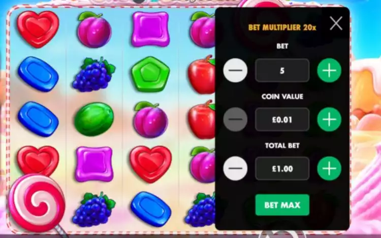 Screenshot of Sweet Bonanza Bet and Coin Value selection
