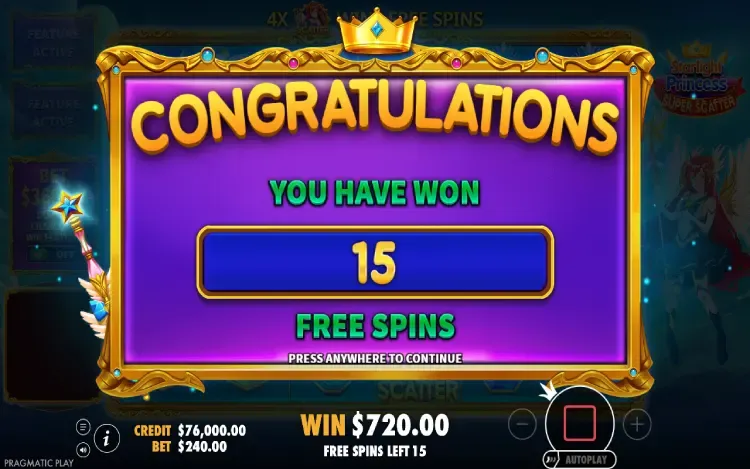 Starlight Princess Super Scatter - Free Spins Feature